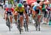 Joanie Caron (Colavita-espnW Pro Cycling) (in yellow) sprints to 3rd place in the Peace Arch News Road Race, and the overall title at the 2012 Tour de White Rock. 		CREDITS:  		TITLE:  		COPYRIGHT: Greg Descantes