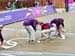 Staff remove the Olympic rings that were installed shorly before the start after they start to peel 		CREDITS:  		TITLE: 2012 Olympic Games 		COPYRIGHT: Rob Jones/www.canadiancyclist.com 2012 -copyright -All rights retained - no use permitted without prio