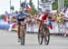 The sprint for bronze between Batty and Wloszczowska 		CREDITS: Rob Jones/www.canadiancyclist.co 		TITLE: 2016 MTB World Championships 		COPYRIGHT: Rob Jones/www.canadiancyclist.com 2016 -copyright -All rights retained - no use permitted without prior; wr