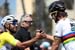 Fernando Gaviria (Team Quick-Step Floors) in the yellow Amgen Leaders jersey talks with Peter Sagan (Bora - Hansgrohe) at the start of stage two 		CREDITS:  		TITLE: 775137808CG00104_Cycling_13 		COPYRIGHT: 2018 Getty Images