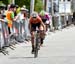 Katherine Maine leading Kinley Gibson, final sprint 		CREDITS:  		TITLE: Canadian Road National Championships - RR 		COPYRIGHT: Rob Jones/www.canadiancyclist.com 2018 -copyright -All rights retained - no use permitted without prior; written permission