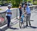 Boilards bike is remeasured under the eye of chief official Louise Lalonde 		CREDITS:  		TITLE: Canadian Road National Championships - RR 		COPYRIGHT: Rob Jones/www.canadiancyclist.com 2018 -copyright -All rights retained - no use permitted without prior;